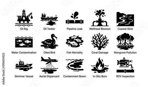 Oil spill response and environmental impact icons in grid on white