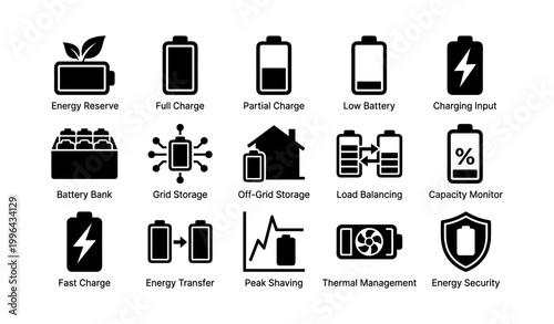 Battery and energy storage icons arranged in grid on white background
