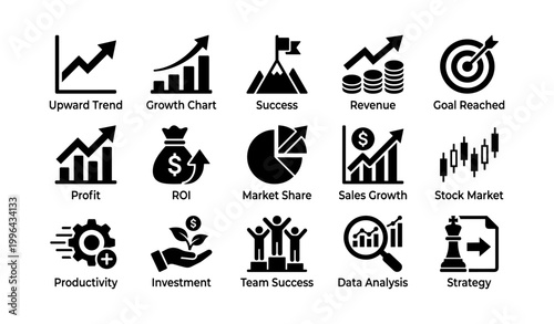 Business icons showing growth and finance in grid on white background