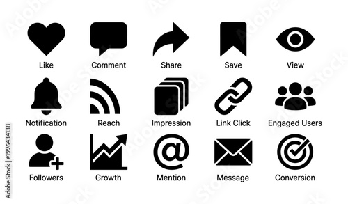 Social media engagement icons displayed in grid on white background