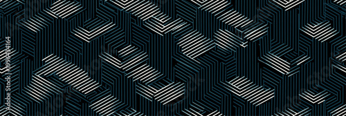Abstract geometric pattern creating illusion of cubes. Repeating striped hexagons and rectangles forming a complex isometric structure