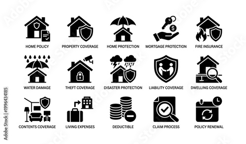 Home insurance and coverage icons displayed on white background
