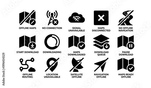 Map and navigation icons showing offline and download states