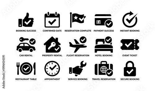 Booking and reservation icons with confirmation symbols on white