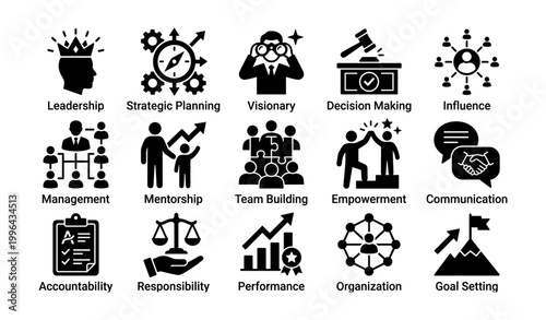Leadership and management concept icons displayed in grid