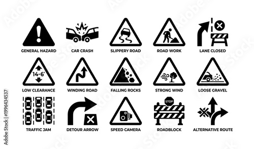 Road hazard and traffic icons arranged in grid on white