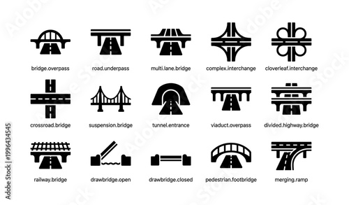 Bridge and interchange icons arranged in grid on white background