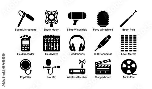 Audio equipment icons arranged in grid on white background