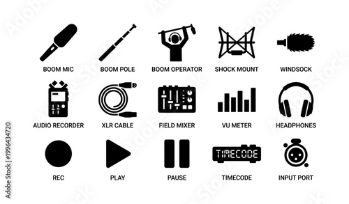 Audio equipment icons arranged in labeled grid on white