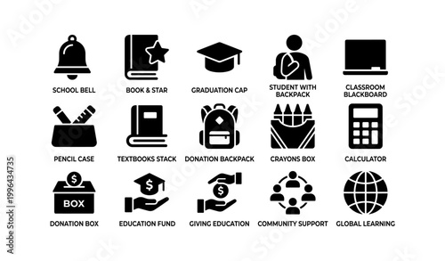 Education and donation icons displayed in grid on white background