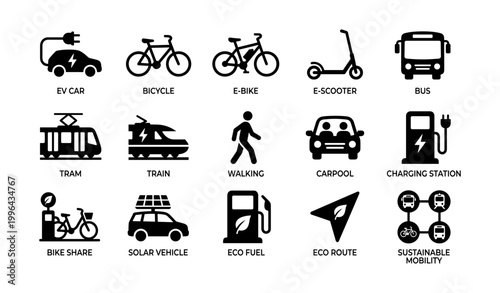 Sustainable transportation icons displayed in grid layout