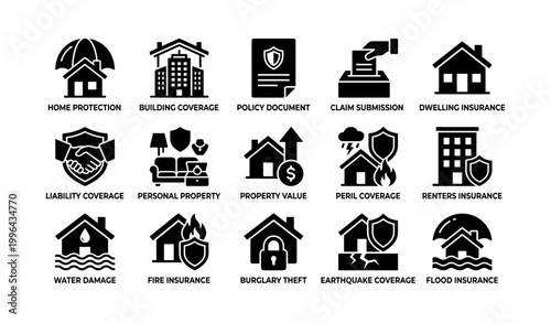 Insurance and coverage icons for home and property protection