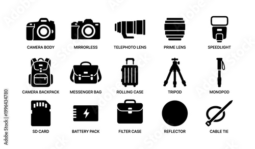 Photography equipment icons arranged in grid on white background