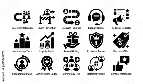 Loyalty icons showing retention and rewards on white background