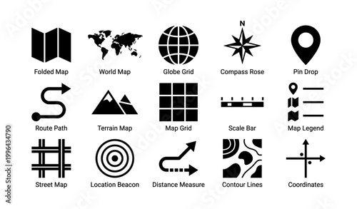 Map and navigation icons showing location and route symbols in grid