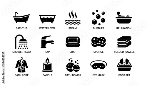 Bath and spa icons arranged in grid on white background