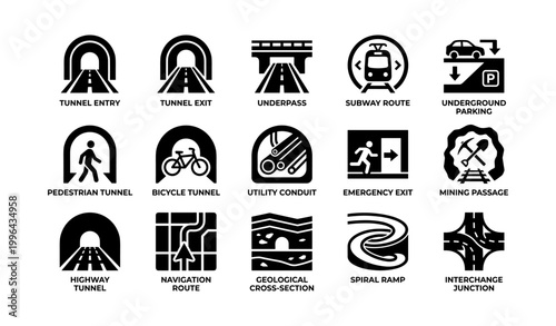 Transportation tunnel and route icons displayed on white background