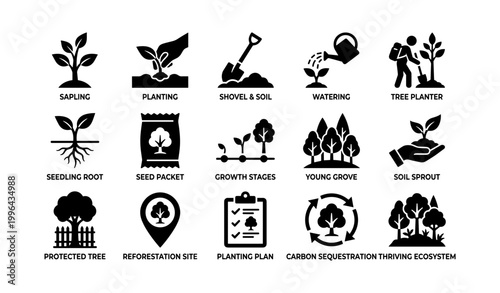 Tree planting icons arranged in grid on white background
