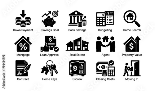 Real estate and mortgage icons arranged in grid on white background