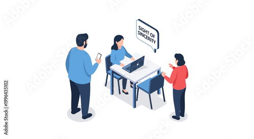 Isometric illustration of three people discussing sincerity and honesty in a meeting.