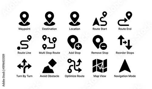 Location and route icons arranged in a grid on white background