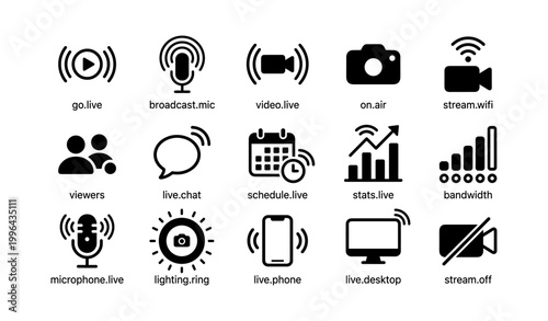 Live streaming icons arranged in grid on white background