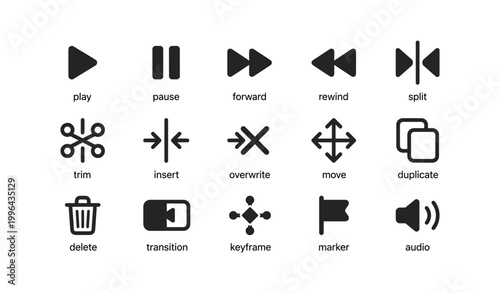 Media control and editing icons arranged on white background