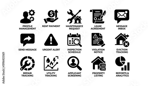 Property management icons and tenant services in grid on white