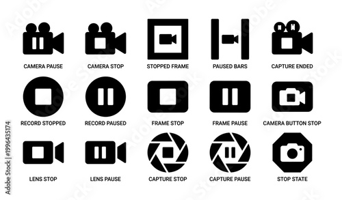 Grid of camera and recording icons showing stop and pause