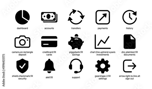 Grid of banking and app icons showing finance functions