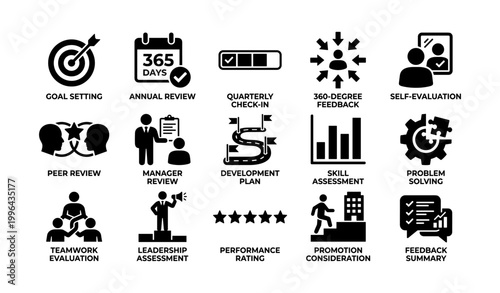 Grid of performance review icons showing evaluation concepts
