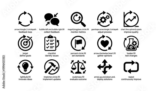 Feedback and continuous improvement icons arranged on white background