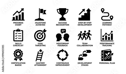 Progress and development icons arranged on white background