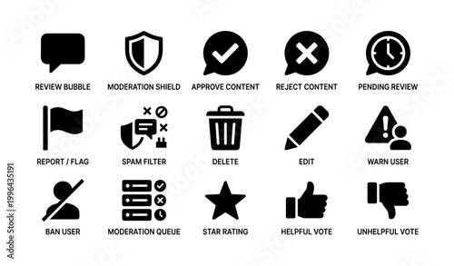 Moderation and review icons grid on white background