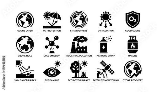 Ozone and uv protection icons array on white background