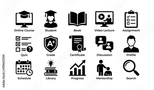 Education and online course icons showing learning elements