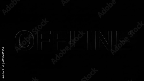 Metallic Chrome Text 'OFFLINE' Glitching and Fading Out with Lens Flare on Dark Background Animation