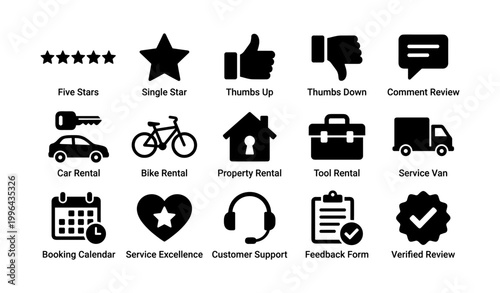 Icon set showing rental and review symbols on white background