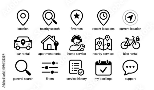 Location and service icons organized in a grid on white background