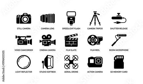 Photography and video equipment icons arranged in grid on white