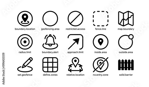 Geofencing icons illustrating boundaries and area markers
