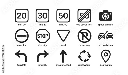Road sign icons showing limits and directions on white background