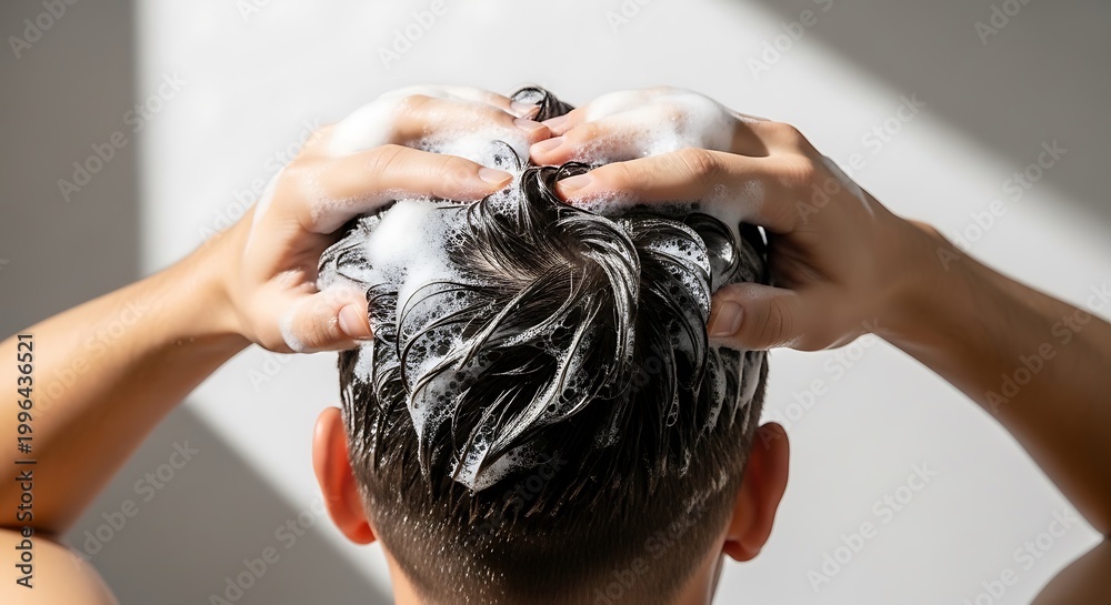 Naklejka premium Man washing hair with shampoo and conditioner in shower.