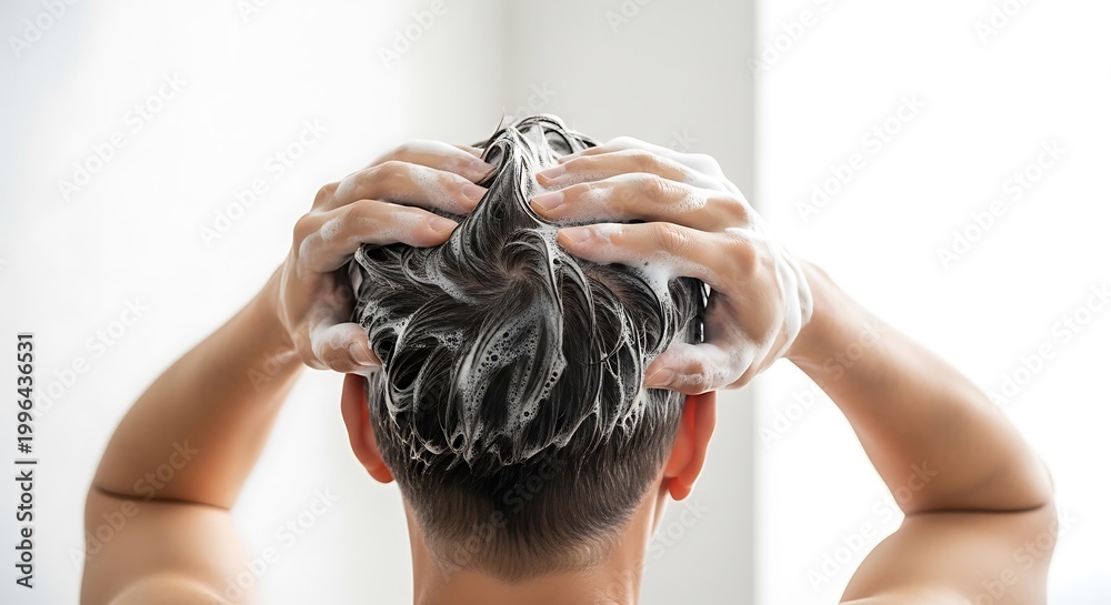 Naklejka premium Man washing hair with shampoo, close-up from behind, showing lather and hands.