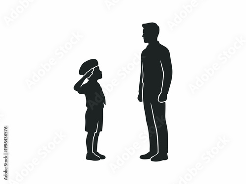 Boy in scout uniform saluting his father silhouette isolated on white background for Father's Day concept