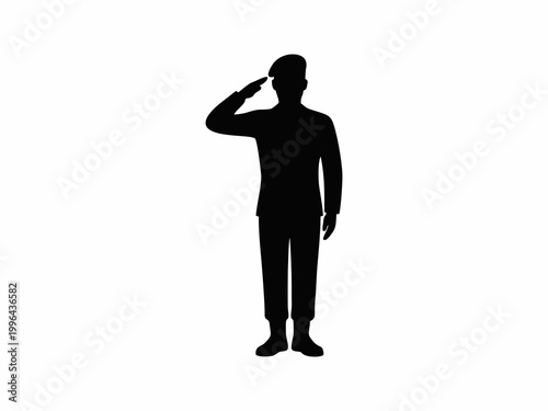 Full body silhouette of a soldier in uniform saluting isolated on white background
