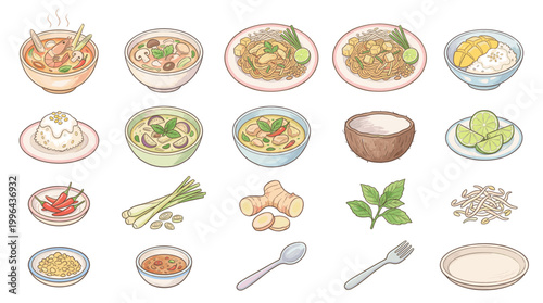 Thai soup and ingredient vector icon set with curry bowls, tom yum, coconut milk, lime, chili, ginger, basil, lemongrass and cooking utensils