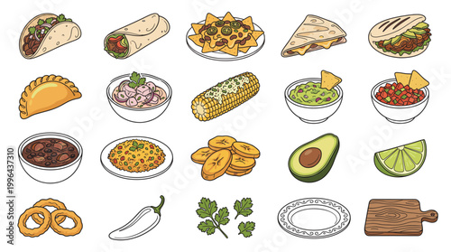 Colorful Mexican food vector icon set with tacos, nachos, burrito, quesadilla, empanada, beans, corn, avocado, lime and spicy dishes