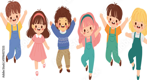 Set of six cute diverse kawaii children in colorful casual clothes jumping and playing happily in a row vector