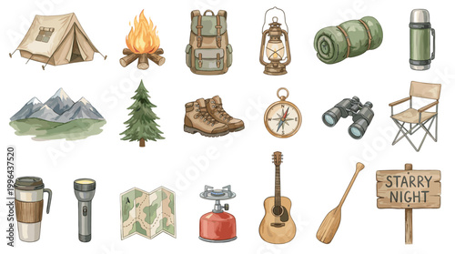 Camping adventure vector icon set with tent, campfire, backpack, lantern, mountains, boots, compass, binoculars, guitar and outdoor gear
